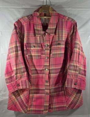 CJ Banks Women’s Plaid Button Front Shirt Jacket 1X Pink Stretch Long Sleeve Poc